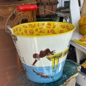 Vintage CURIOUS GEORGE Goes Fishing Metal Said Pail Bucket with Red Handle
